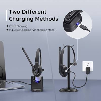 Zwei verschiedene Lademethoden für Headsets: Kabel-Ladung und induktive Ladung über eine Ladestation. Bild zeigt beides im Einsatz.
