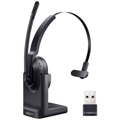 Kabelloses schwarzes Headset mit Mikrofon auf Ladestation, neben kleinem Empfänger. Geeignet für Anrufe und Audioübertragung.