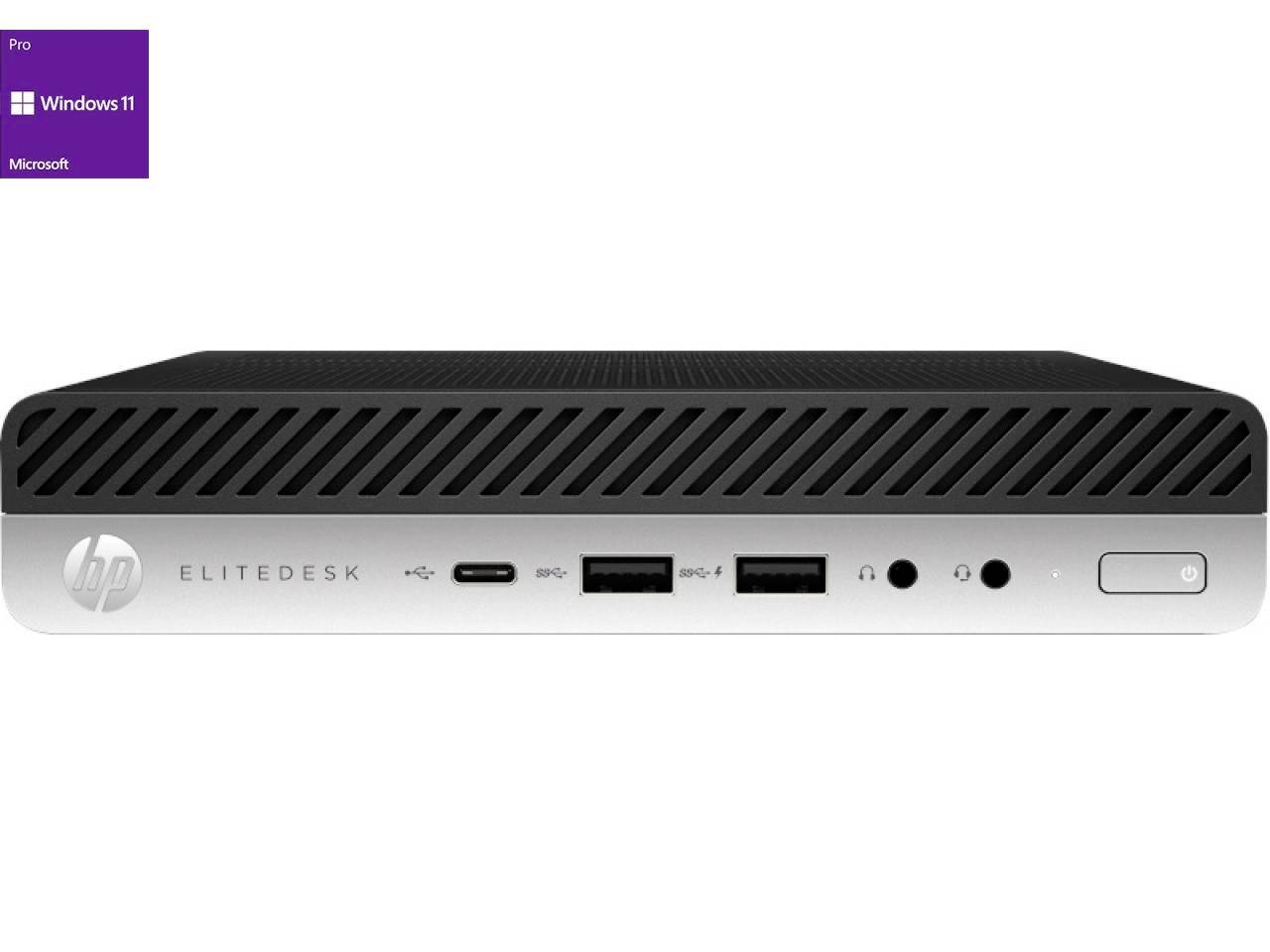 Ein HP EliteDesk Mini-PC mit mehreren Anschlüssen an der Vorderseite, einschließlich USB und Audio. Oben links das Logo von Windows 11 Pro.