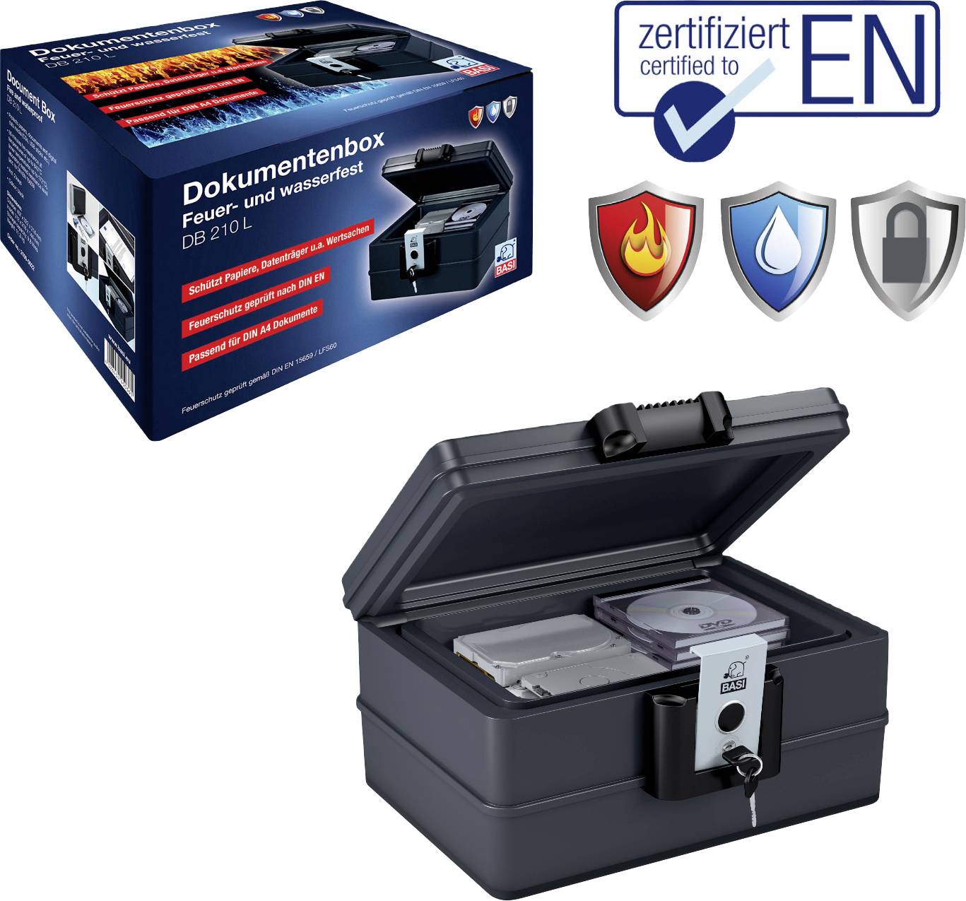 Eine feuer- und wasserfeste Dokumentenbox. Die Box enthält Dokumente und CDs und ist mit einem Schloss versehen. Ablaufsicher zertifiziert.