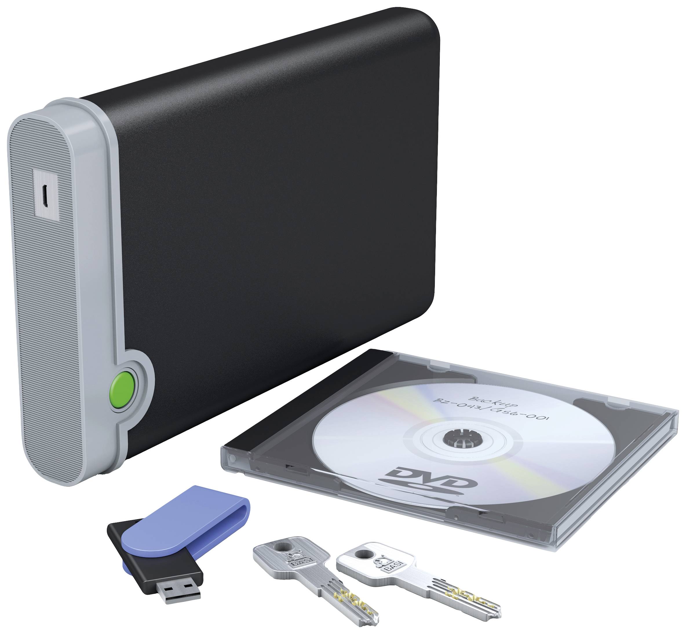 Externe Festplatte, USB-Stick, zwei Schlüssel und eine DVD mit Hülle auf einem Tisch; stellt Datenspeicherung und -sicherheit dar.