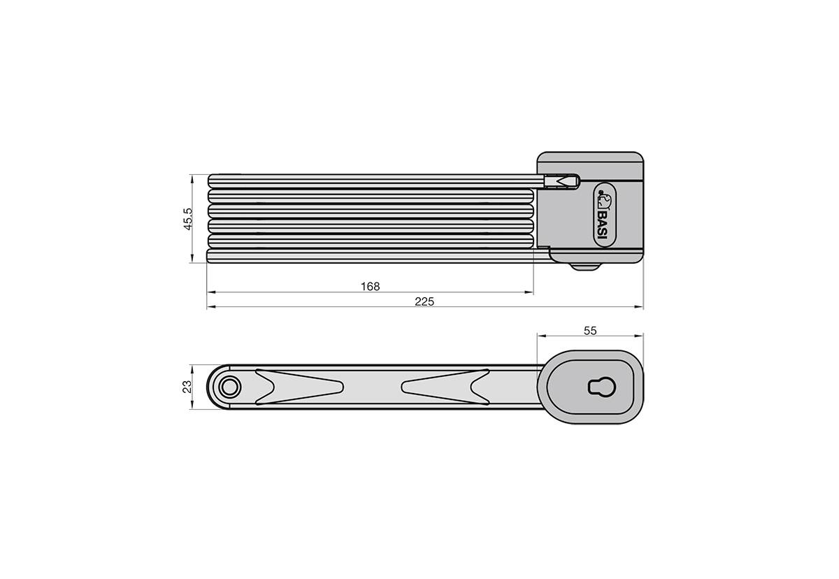 Technische Zeichnung eines Fahrradschlosses. Zwei Ansichten mit Längenangaben: 168mm/225mm (Länge offen) und 55mm (Breite).