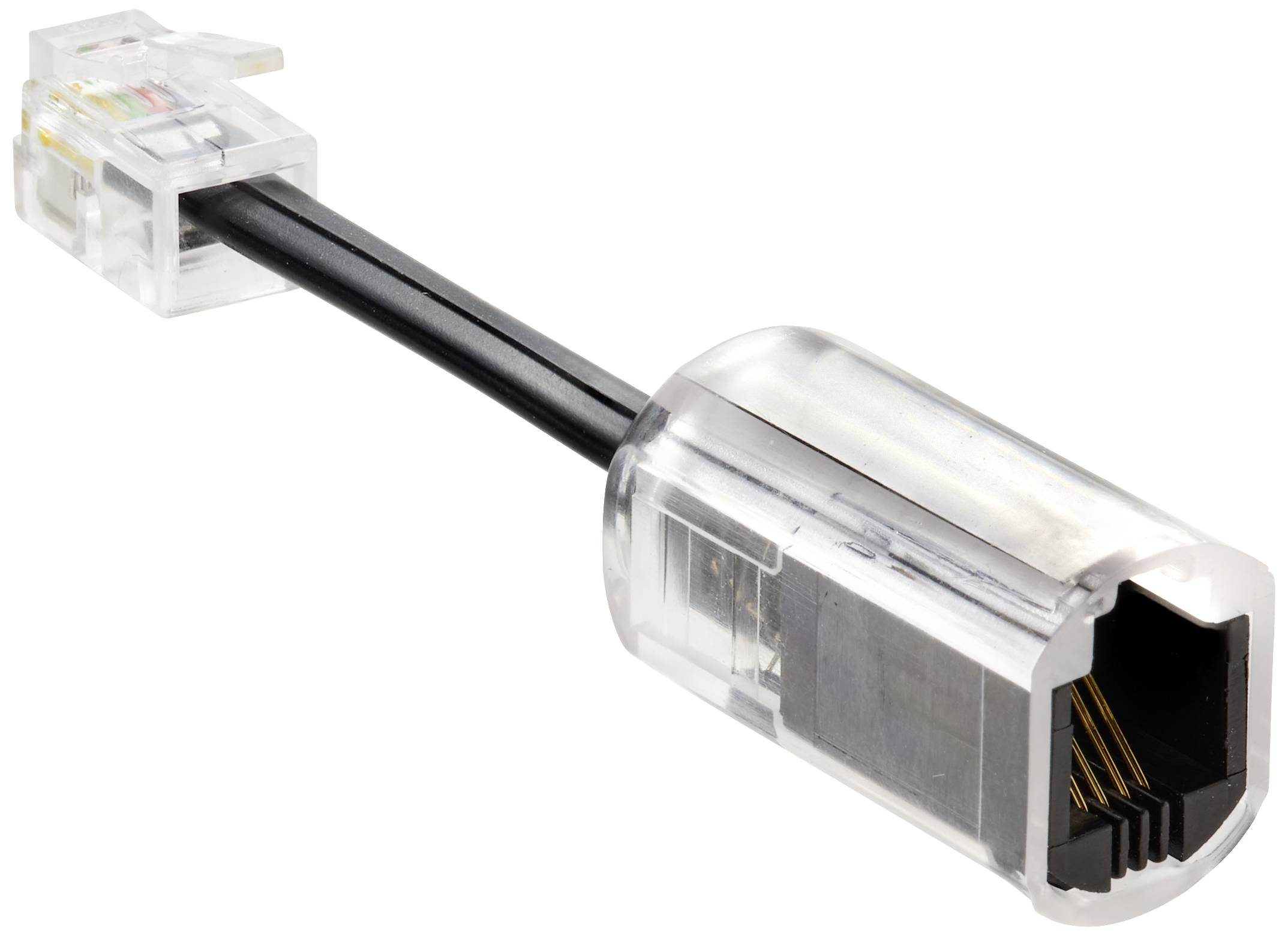 Ein Telefonadapter mit einem RJ-11-Stecker und einer RJ-45-Buchse, die für die Verbindung analoger Telefonkabel mit Netzwerksystemen genutzt werden.