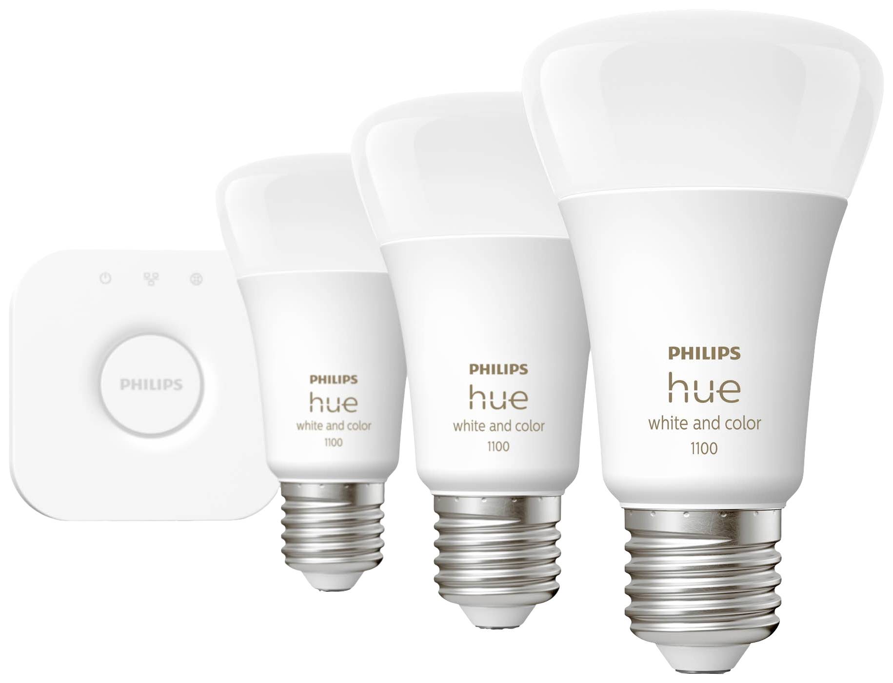 'Drei Philips Hue White and Color Glühbirnen und ein Philips Hue Bridge-Gerät. Smarte Beleuchtungslösung für Farbänderung und Fernsteuerung.'