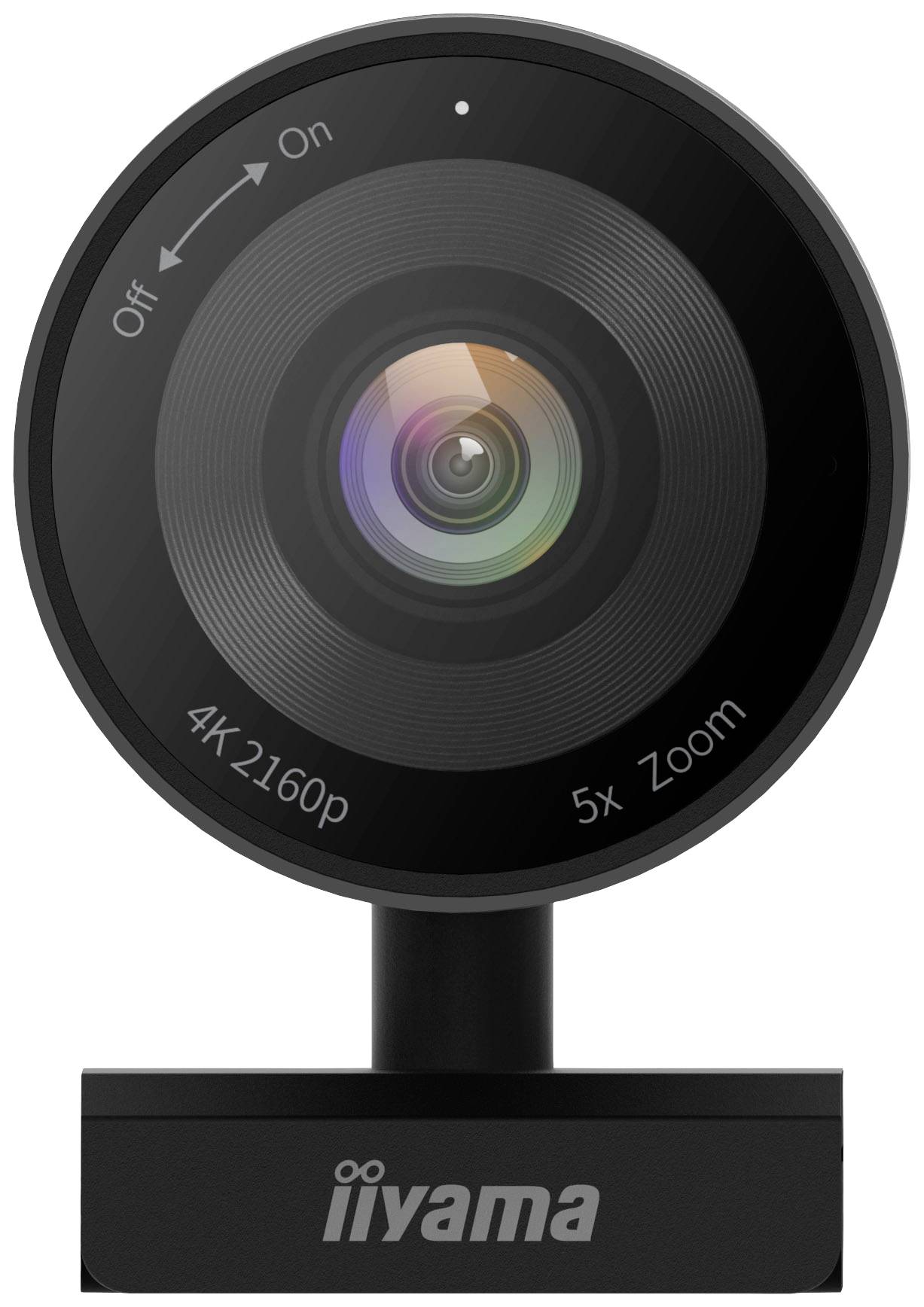 Eine Webcam mit der Aufschrift '4K 2160p' und '5x Zoom' auf der Vorderseite, hergestellt von Iiyama.