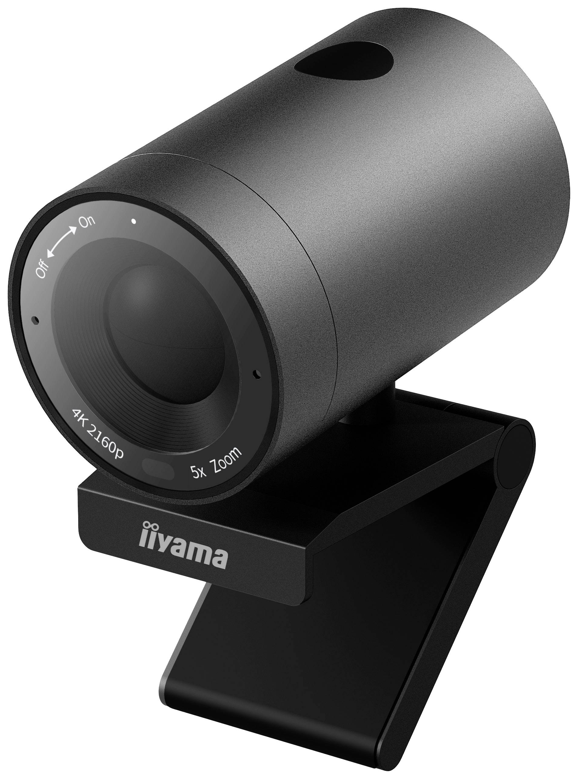 Schwarze Webcam mit 4K-Auflösung und 5-fach Zoom, montiert auf einem Ständer. Markierung 'iiyama' sichtbar an der Vorderseite.
