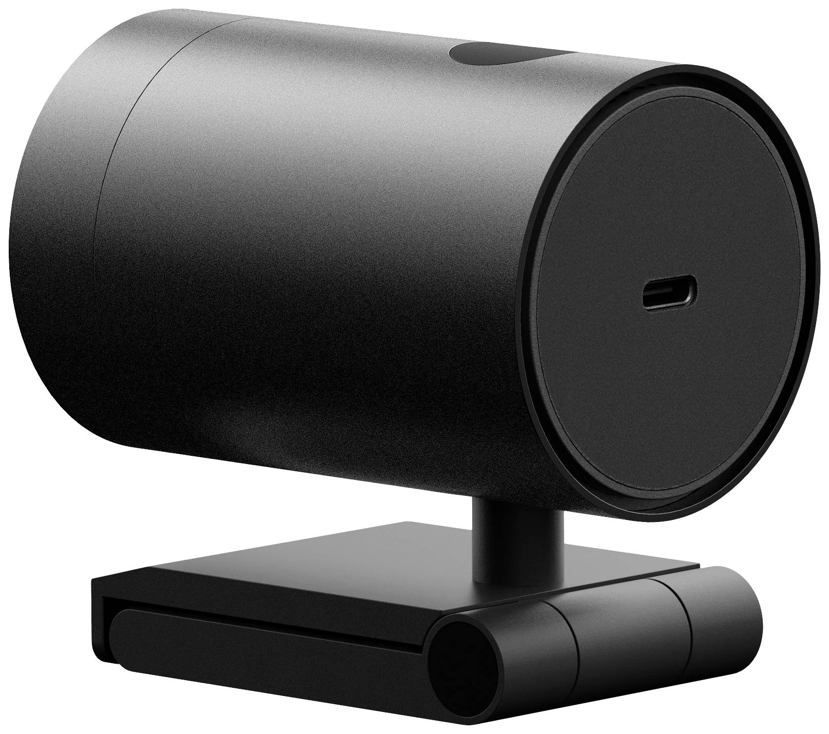 Ein zylindrisches, schwarzes Gerät auf einem rechteckigen Standfuß. An der Vorderseite befindet sich ein USB-C-Anschluss.