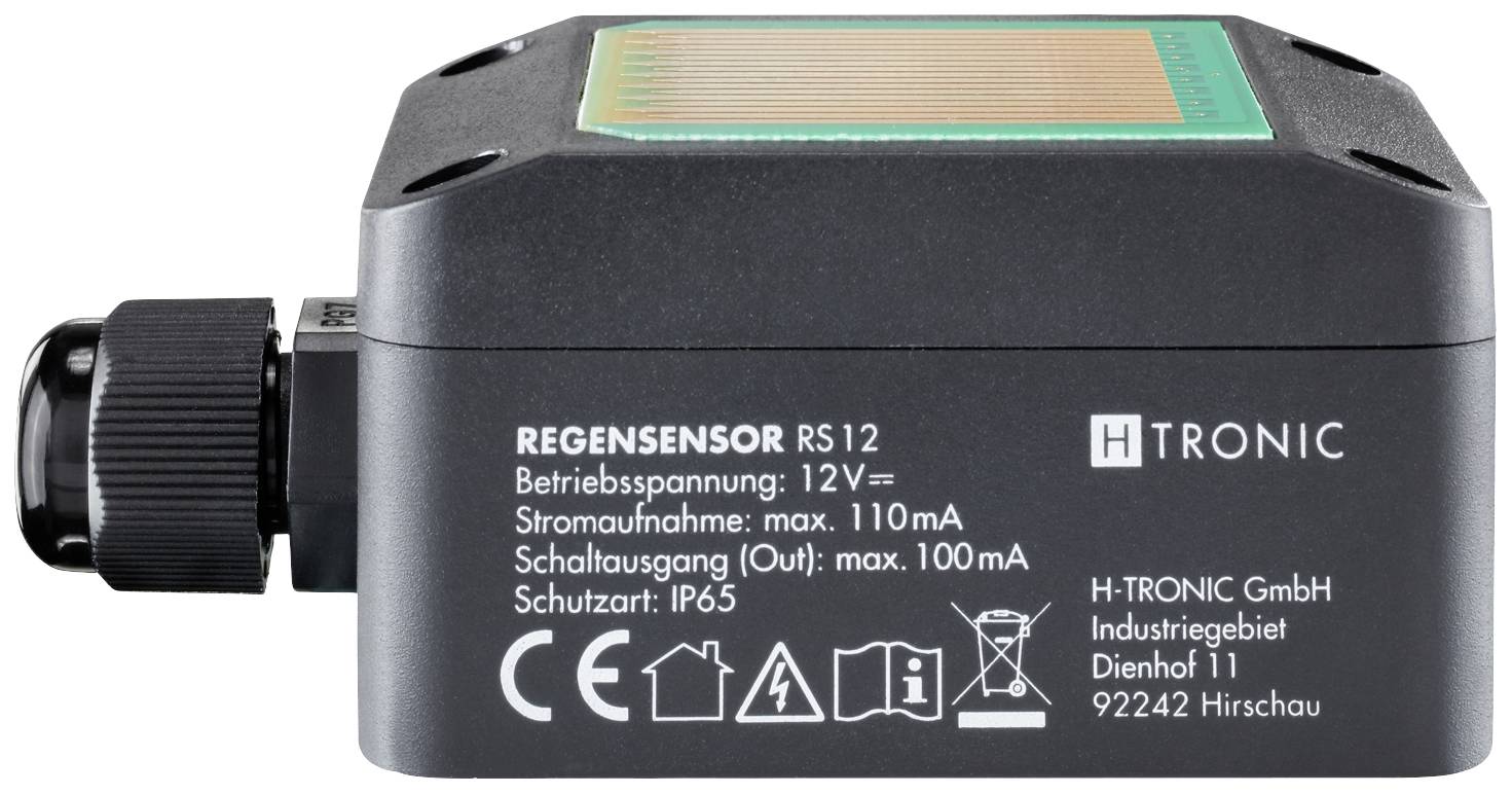 Regenwassersensor RS12 von H-Tronic, zeigt technische Spezifikationen: Betriebsspannung 12V, max. Stromaufnahme 110mA, Schutzart IP65.