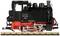 Eine schwarze und rote Modelllokomotive der Deutschen Reichsbahn mit der Aufschrift '99 5016', auf einem Stück Gleis platziert.