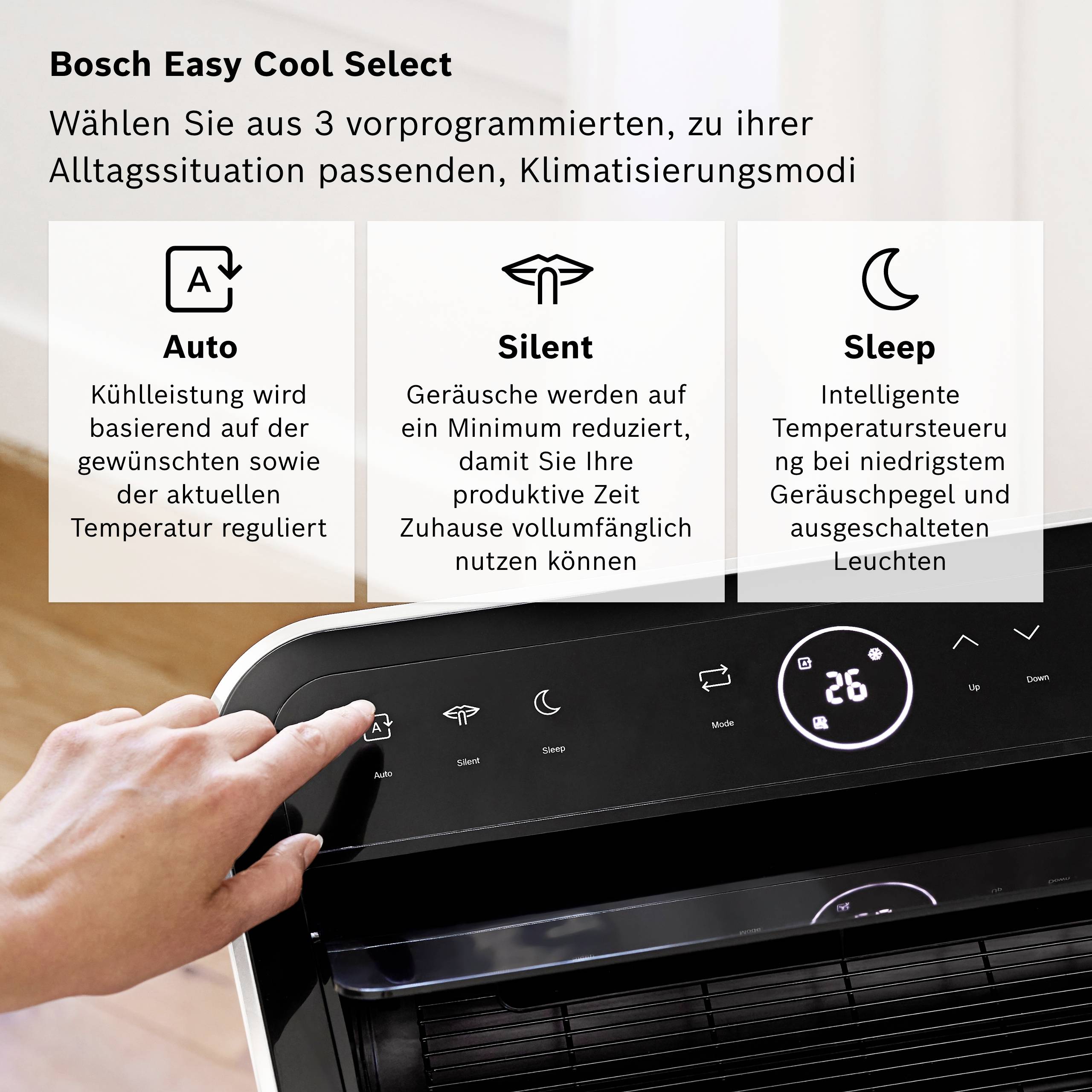 'Bosch Easy Cool Select' Klimaanlage Bedienfeld mit Hand, zeigt drei Modi: Auto, Silent, Sleep mit jeweiligen Beschreibungstexten.