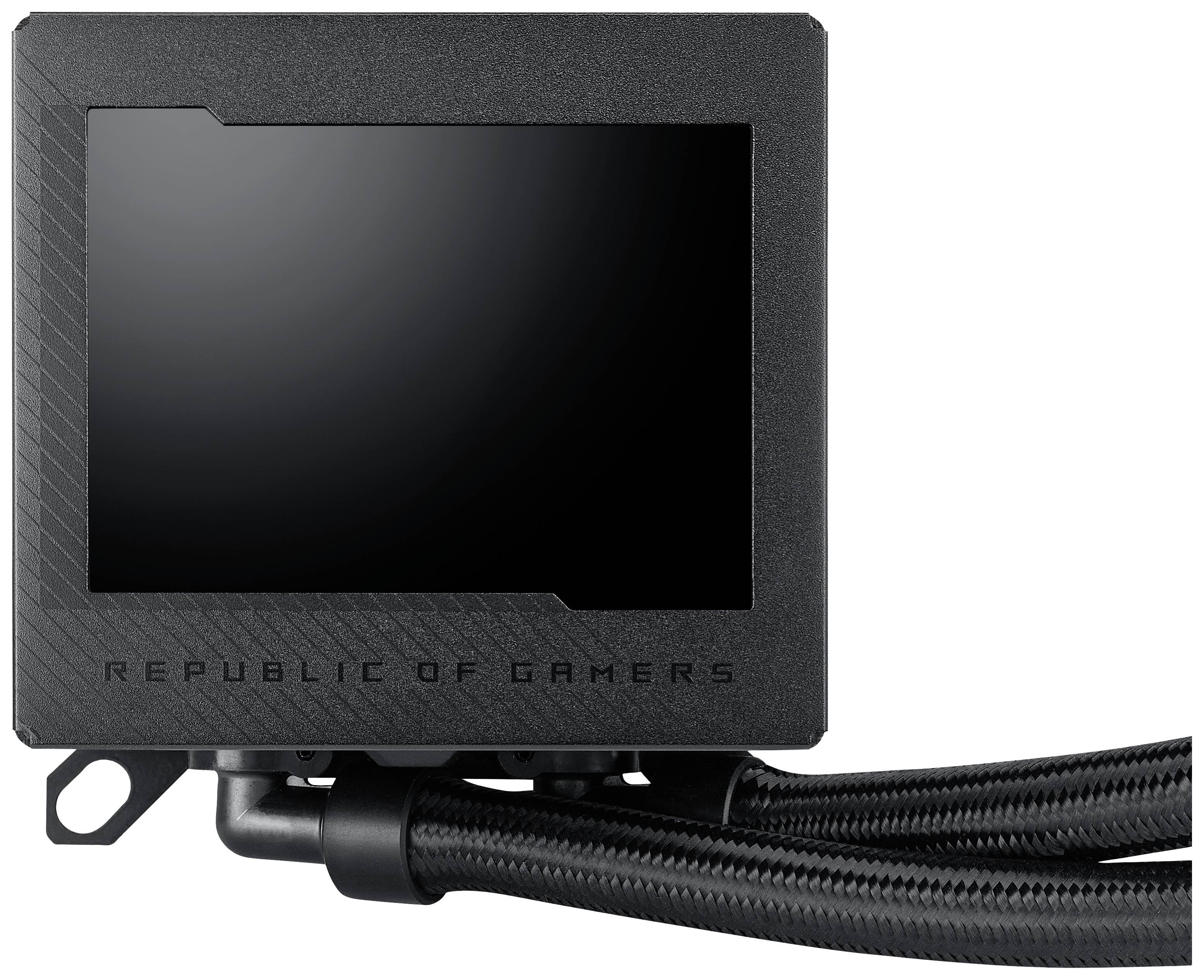 Schwarzer Kühlkörper mit der Aufschrift 'Republic of Gamers' und angeschlossenen Schläuchen, vermutlich Teil einer PC-Wasserkühlung.