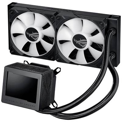 Computer-Flüssigkeitskühlung mit zwei Lüftern und Kühlblock, verbunden durch Schläuche. Designed für Gaming-PCs zur Temperaturkontrolle.