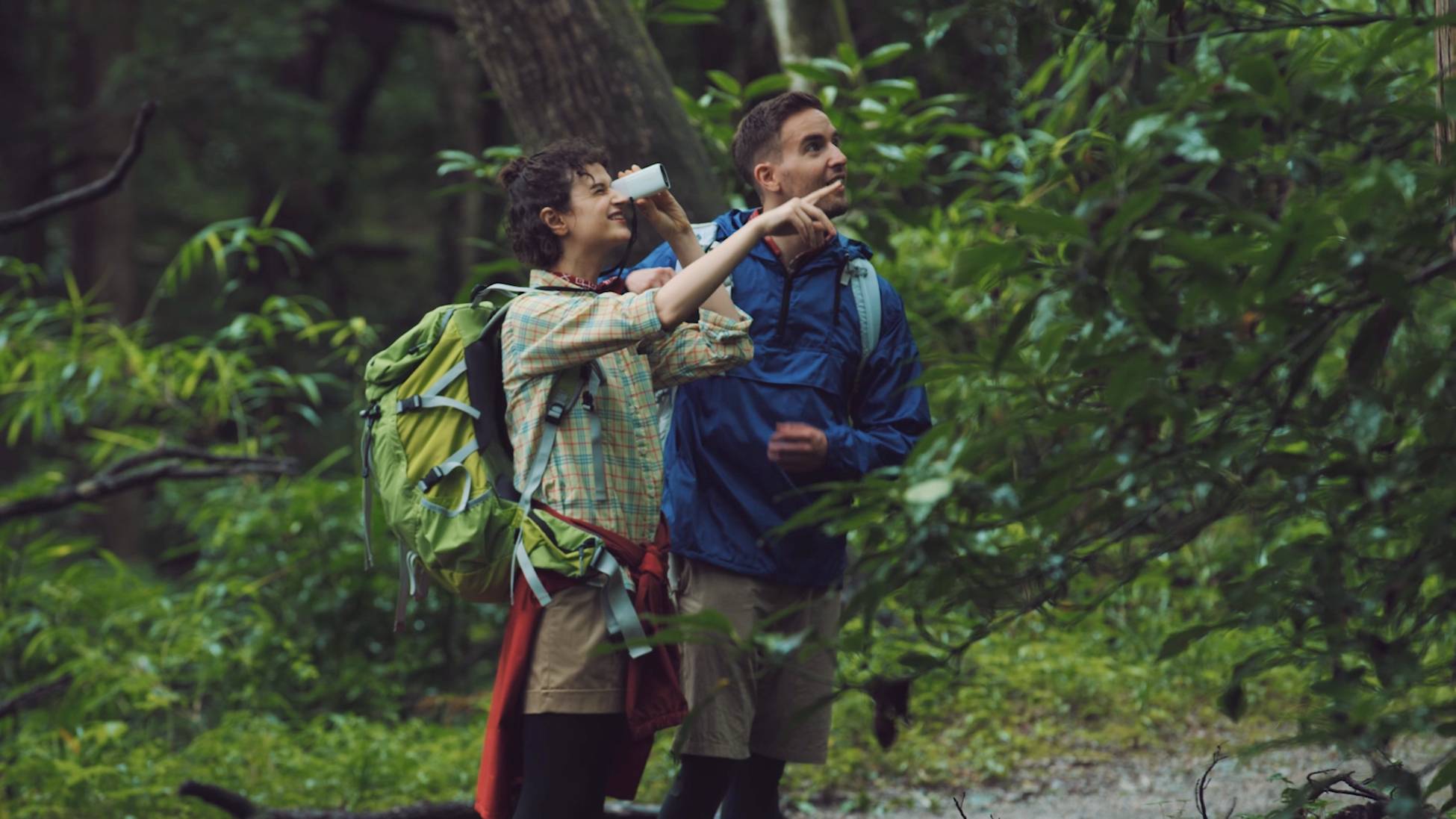 Zwei Personen wandern im Wald, betrachten interessiert die Umgebung. Eine Person hält ein Fernglas. Beide tragen Outdoor-Kleidung und Rucksäcke.