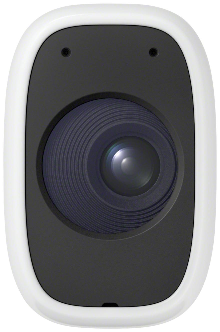 Eine Nahaufnahme einer Sicherheitskamera mit einem großen Objektiv, schwarz, in einem weißen Gehäuse.