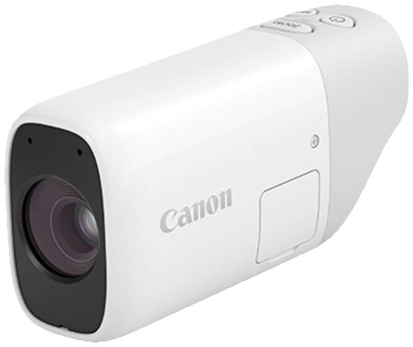 Weiße Canon-Kamera mit seitlichem Objektiv und Bedienungstasten oben. Ideal für kompakte Fotoaufnahmen.