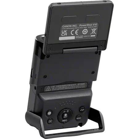 Kompakte Digitalkamera von Canon mit hochgeklapptem Display, zeigt Bedienelemente auf der Rückseite. Ideal für unterwegs.