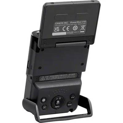 Kompakte Digitalkamera von Canon mit hochgeklapptem Display, zeigt Bedienelemente auf der Rückseite. Ideal für unterwegs.