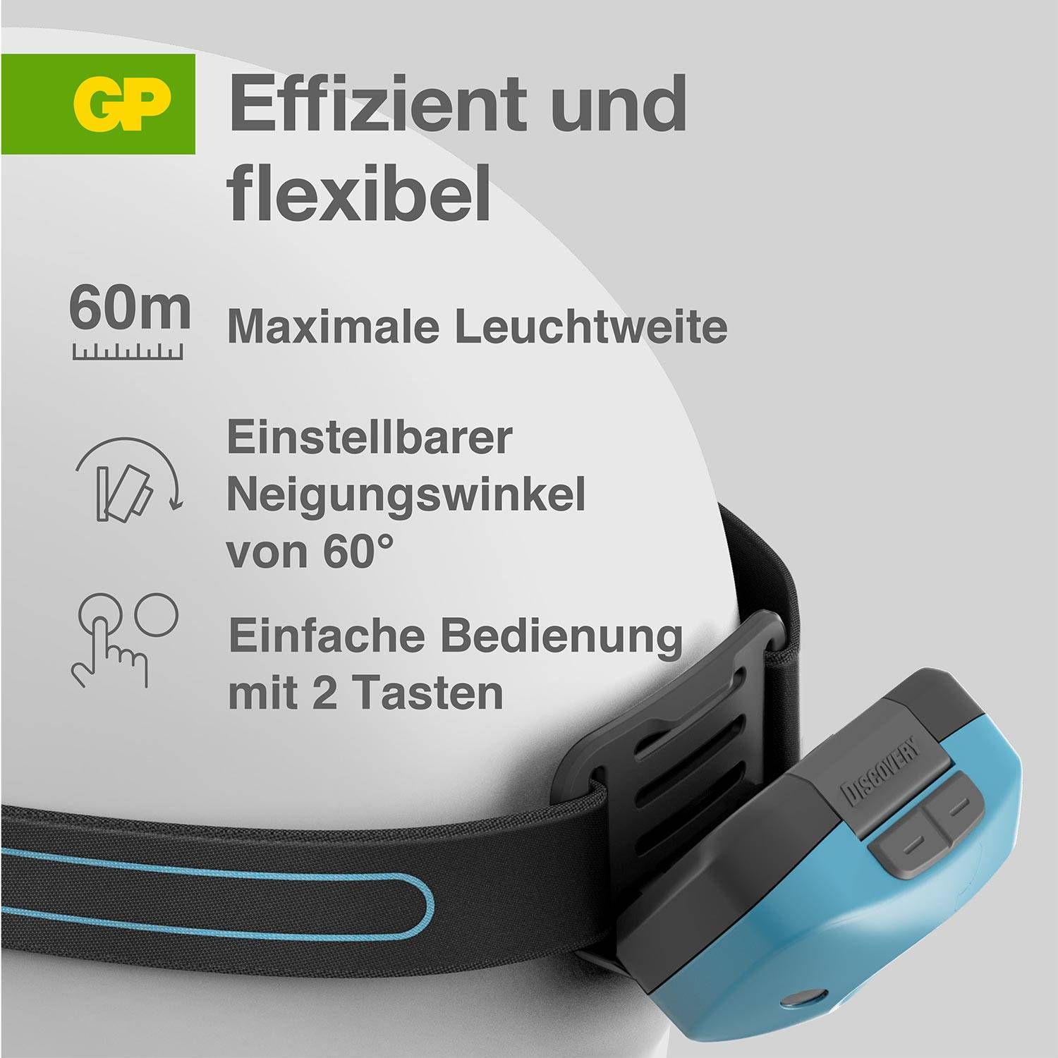 Eine blaugraue Stirnlampe mit verstellbarem Neigungswinkel von 60 Grad. Text: 'Effizient und flexibel, 60m maximale Leuchtweite'.