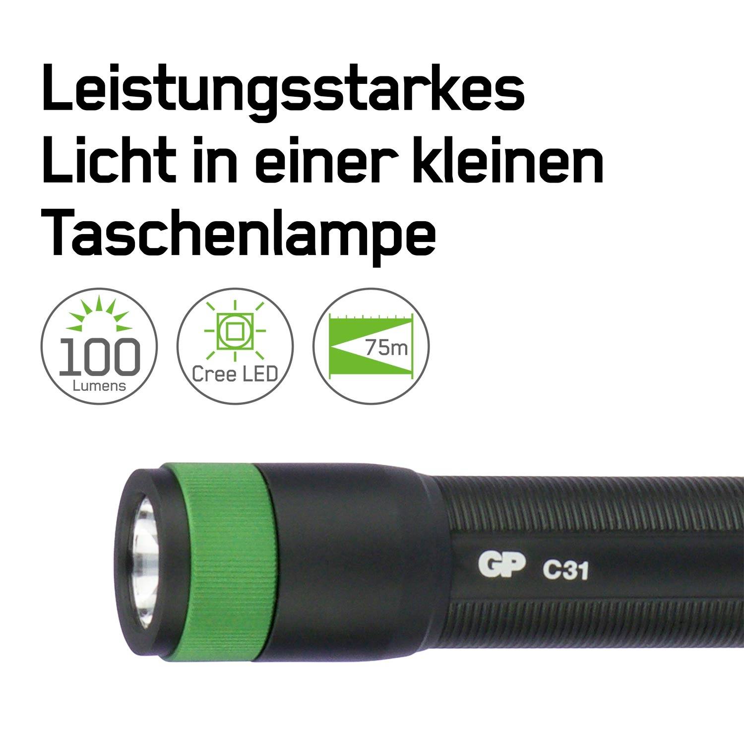 Kleine Taschenlampe mit grünem Schalter, 100 Lumen Cree LED, Reichweite 75m. Text: 'Leistungsstarkes Licht in einer kleinen Taschenlampe'.