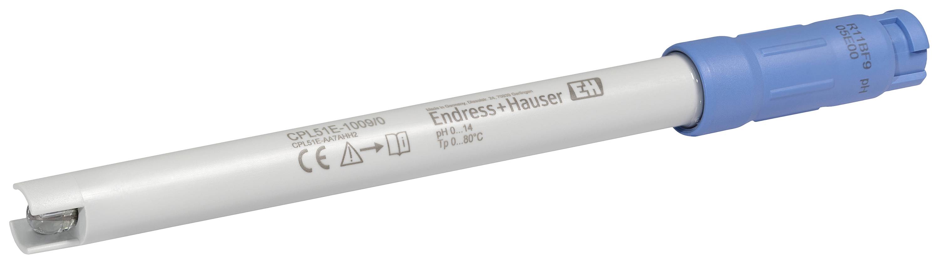 Ein blauer und weißer Sensor von Endress+Hauser, geeignet für den Einsatz bei Temperaturen bis 80°C, mit CE-Kennzeichnung.
