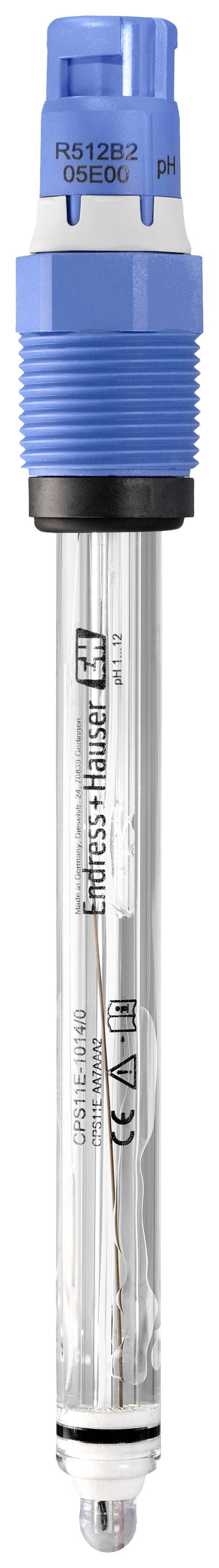 Blauer pH-Sensor mit Glaselektrode, geeignet für präzise pH-Messungen in Laborumgebungen. Kunststoffgehäuse oben, glassversiegeltes Ende.