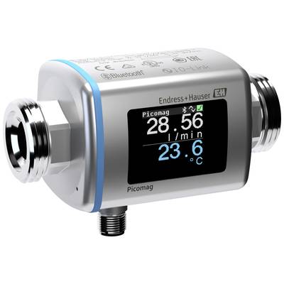 Ein digitaler Durchflussmesser von Endress+Hauser zeigt einen Durchfluss von 28,56 l/min und eine Temperatur von 23,6°C auf einem Display.