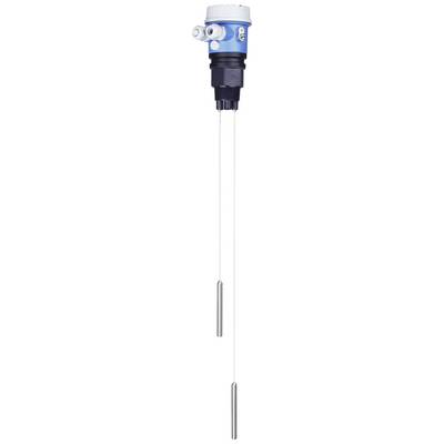 Ein blaues technisches Gerät mit zwei langen, dünnen Sonden, vermutlich ein Sensor oder Messinstrument, hängt vertikal herunter.