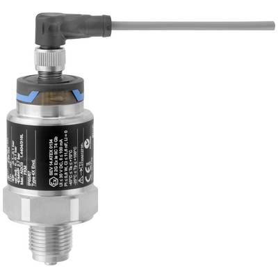 Ein Drucksensor mit Antenne, schwarzen und blauen Markierungen und Produktinformationen auf der Oberfläche.