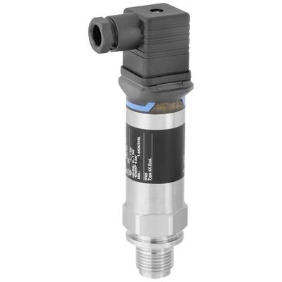 Drucksensor mit schwarzem Anschluss, zylindrischem Metallgehäuse und Schraubgewinde unten.