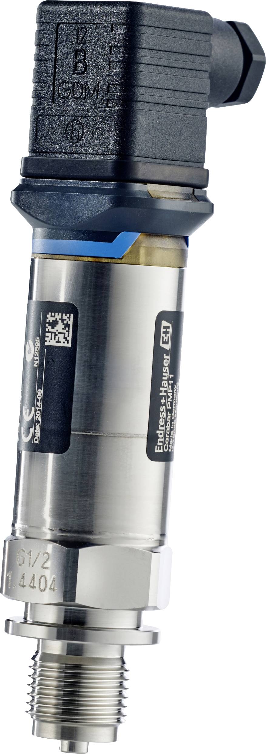 'Drucksensor mit Aufschrift "Pressure Sensor", silberfarbenes Gehäuse, oben schwarzer Anschluss, zur Überwachung von Drucksystemen.'