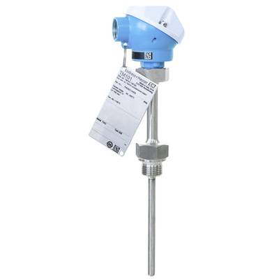 Temperatursensor in Schutzrohr mit blauer und weißer Abdeckung, befestigtem Typenschild und Metallgewinde zur Installation.
