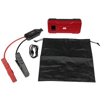 Rotes Starthilfegerät mit schwarzer Tasche, USB-Kabel und Anschlussklemmen. Unterstützt Fahrzeugstart bei schwacher Batterie.
