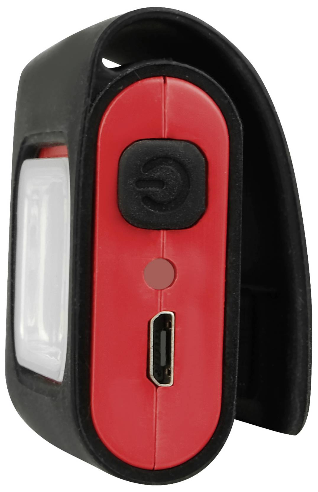Schwarzes und rotes LED-Licht mit USB-Anschluss und Ein-/Ausschaltknopf. Kompaktes Design, geeignet für Fahrräder oder Helme.