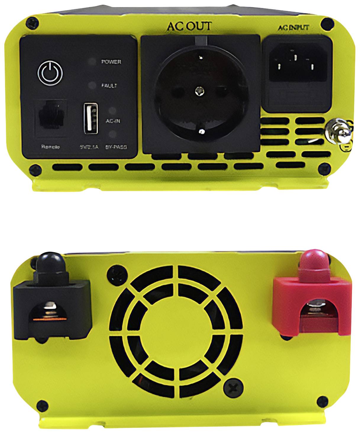 'Ein gelb-schwarzer Wechselrichter mit Steckdosen, Ein-/Aus-Schalter und Klemmen für Eingang und Ausgang, zur Stromversorgung.'