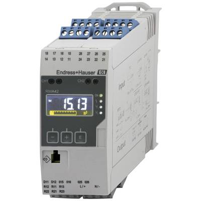 Industrie-Datenmanager von Endress+Hauser mit digitalem Display zeigt '15.13', Tastenfeld zur Bedienung, Anschlüsse oben.