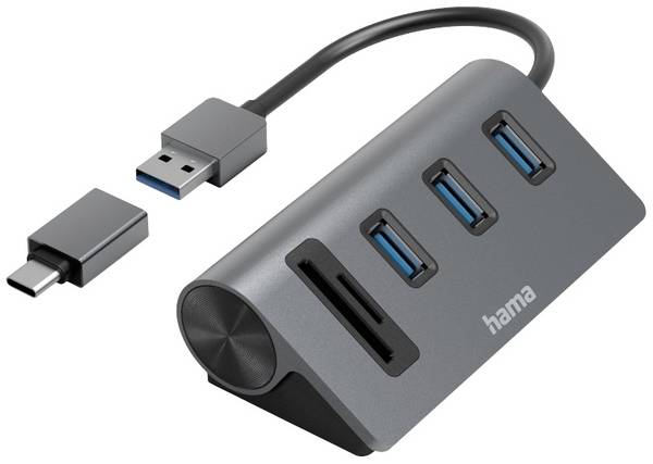 hama 00200140 USB-Hub/Kartenleser, 5 Ports, 3x USB-A, SD, microSD, inkl. USB-C-Adapter
