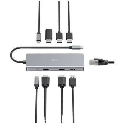 Abgebildet ist ein USB-C-Docking-Hub mit Anschlüssen für HDMI, USB und Ethernet, inklusive passender Kabel.