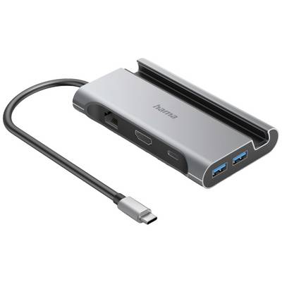 USB-C-Hub mit mehreren Anschlüssen, einschließlich USB, HDMI und Ethernet, von der Marke Hama. Silbernes Gehäuse mit schwarzem Kabel.