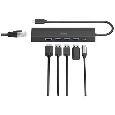 Ein schwarzer USB-C-Hub mit mehreren Anschlüssen: HDMI, USB, Ethernet und USB-C. Verbindet verschiedene Geräte mit einem Computer.