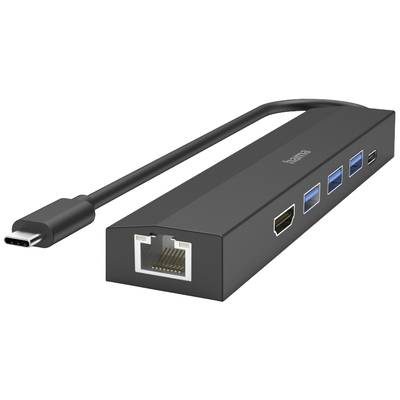 USB-C-Hub mit mehreren Anschlüssen: Ethernet, HDMI und verschiedene USB-Ports.