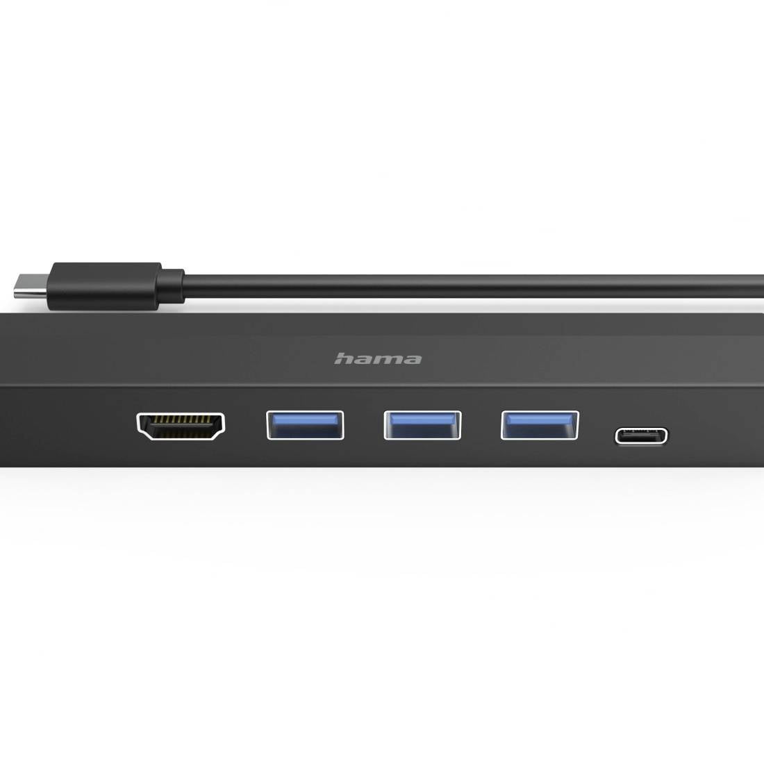 Externe Dockingstation mit HDMI und USB-Anschlüssen, einschließlich USB-C, auf der Vorderseite; Marke: Hama.