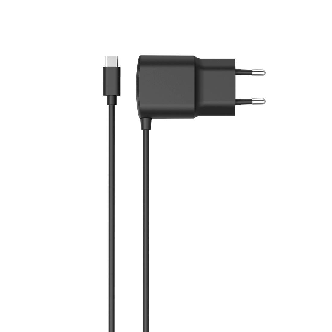 Ein schwarzes Ladegerät mit einem USB-C-Kabel und einem europäischen Stecker zeigt die Vorderansicht des Produkts.