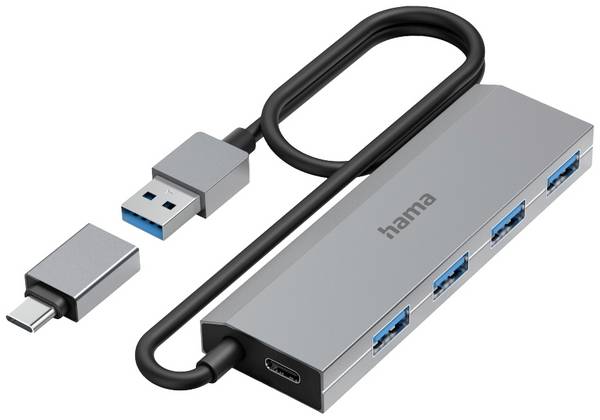 hama 00200138 USB-Hub, 4 Ports, USB 3.2 Gen1, 5 Gbit/s, inkl. USB-C-Adapter und Netzteil