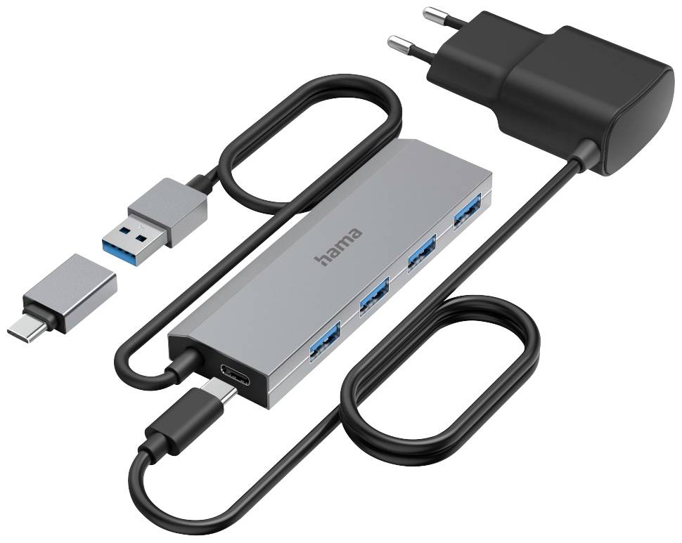 USB-C-Hub mit vier blauen USB-Anschlüssen, USB-A-Stecker, USB-C-Adapter und europäischer Steckeradapter.
