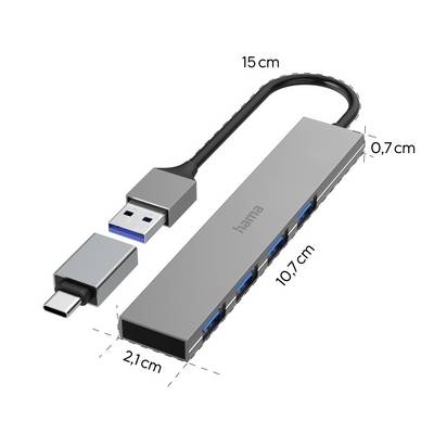 Ein USB-Hub mit fünf USB-Anschlüssen und einem USB-C-Anschluss wird neben einem abnehmbaren Adapter gezeigt. Abmessungen: 15 cm lang.