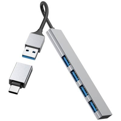 USB-Hub mit vier blauen USB-Anschlüssen, verbunden mit einem USB-A-Kabel. Daneben ein USB-C-zu-USB-A-Adapter.