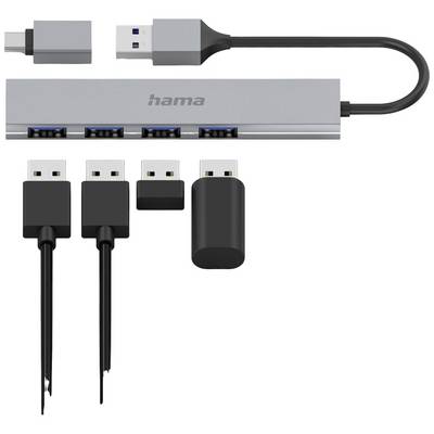 USB-Hub mit vier USB-Anschlüssen, mehreren USB-Steckern und einem USB-C-Adapter, alle in silbernem Design mit schwarzem Kabel.