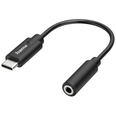 USB-C-auf-Klinke-Adapter von Hama. Schwarzes Kabel, ermöglicht Verbindung von Klinkenstecker mit USB-C-Port.