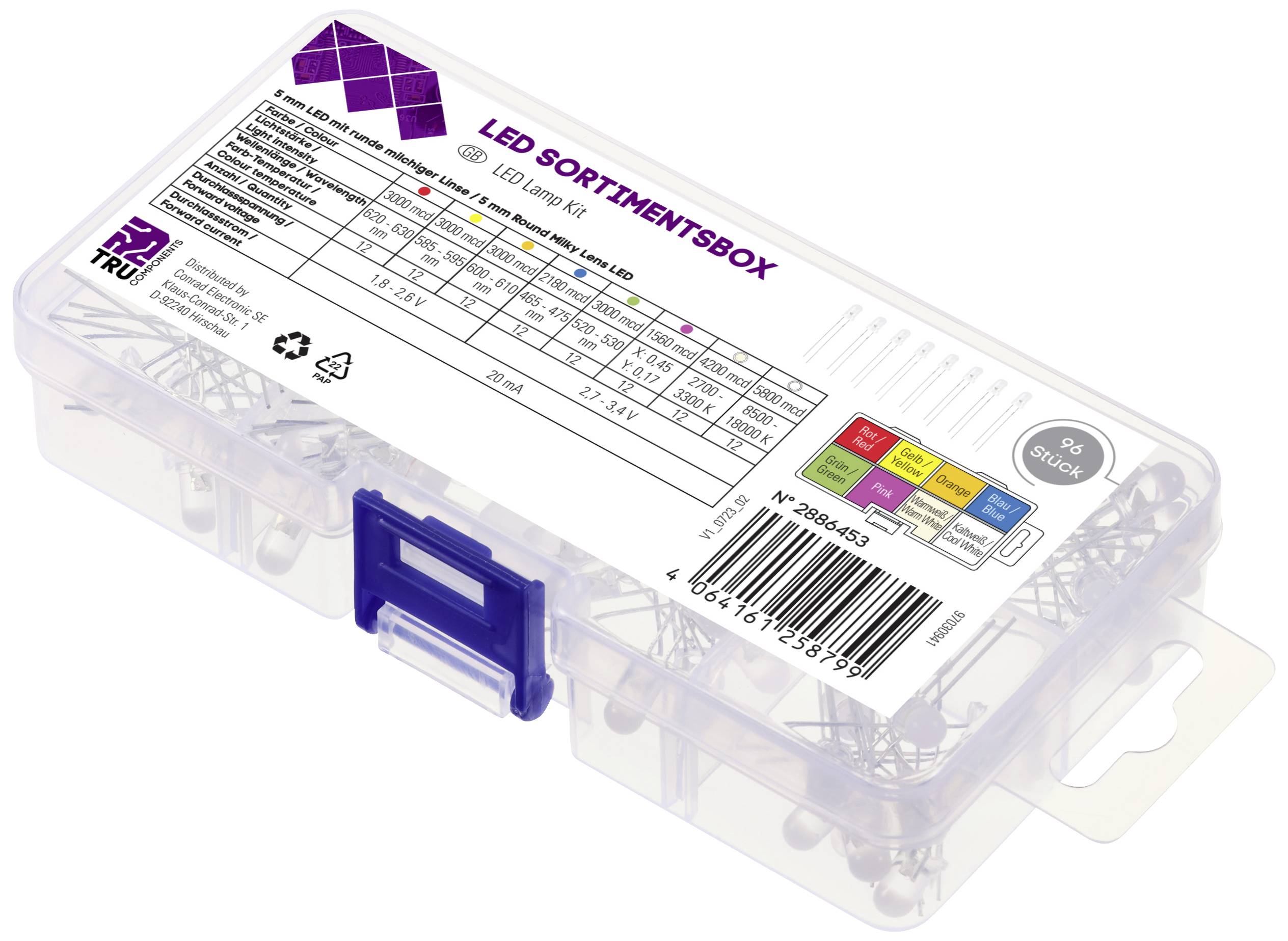 Transparente Box mit LED-Leuchtmitteln, Etikett zeigt Übersichtstabelle der enthaltenen LEDs in verschiedenen Farben und Größen.