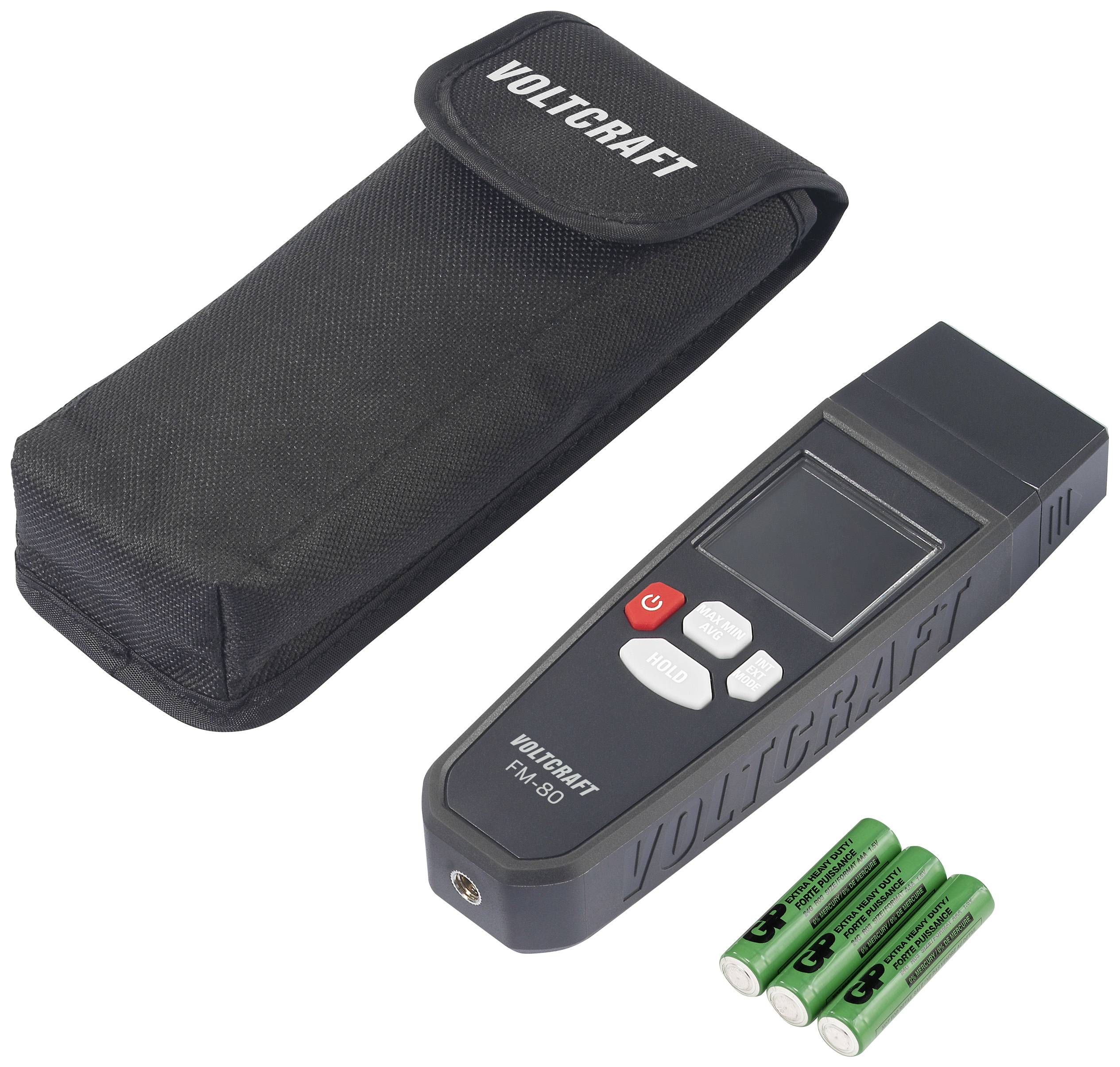 'Hygrometer VOLTCRAFT HM-100' mit Schutztasche und drei AAA-Batterien. Gerät zur Messung der Luftfeuchtigkeit in Innenräumen.